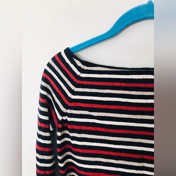 Theory | red, cream, and blue striped boat neck merino wool sweater | small - Picture 2 of 6